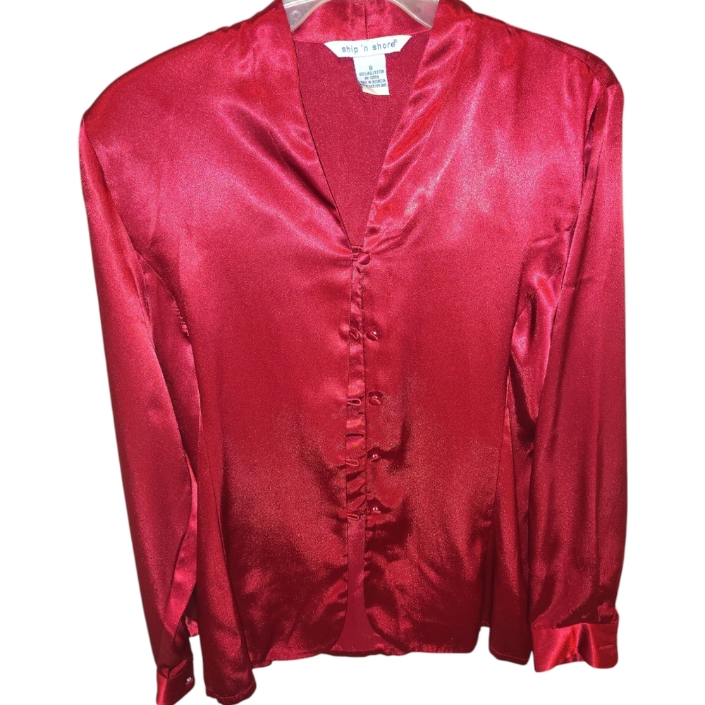 Chic Red Satin Button-Up Blouse